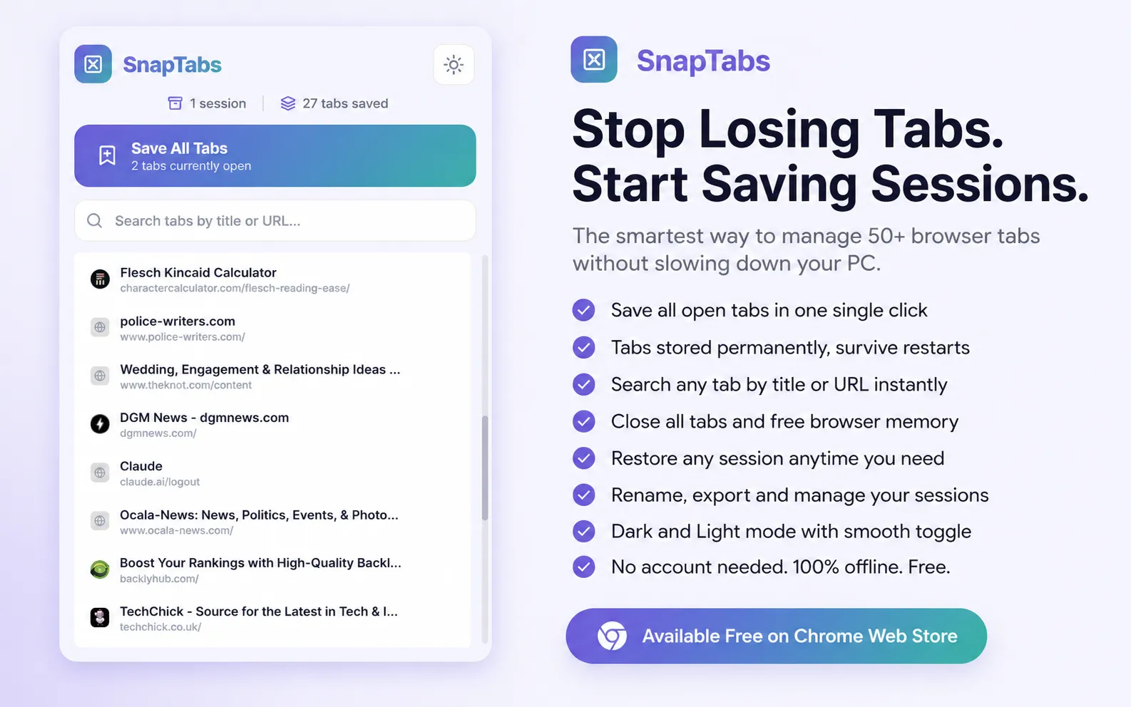 SnapTabs Chrome Extension Interface